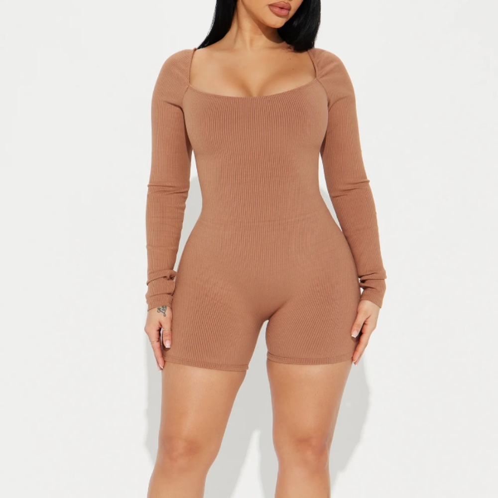 Fashion Nova Brynn Snatched Romper In Nude Bodycon Long Sleeve